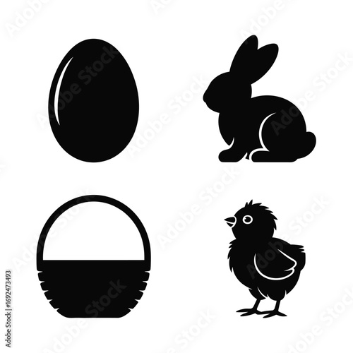 Minimalist easter silhouettes egg bunny basket chick set for festive designs silhouette vector illustration white background