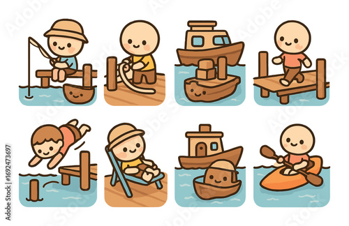 Summer activities flat icon set. fishing, boating, walking, swimming, sunbathing, canoeing.