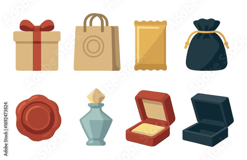 Shopping and gift silhouette icon set. featuring bag, present, pouch, jewelry box, and seal symbols.