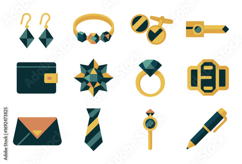 Jewelry flat icon set. featuring rings, earrings, necklace, stars, diamonds, wallet, envelope, tie, watch, and pen.