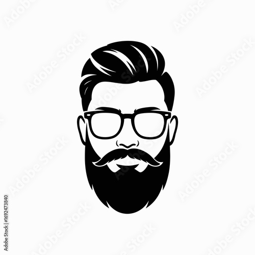 Illustration of a man with a beard mustache and glasses in black and white minimalist vector art silhouette