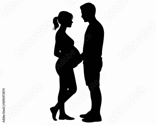 Silhouette of a pregnant woman and man facing each other with hands on belly on a white background