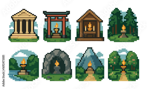 Outdoor landmarks pixel icon set. featuring temple, torii gate, shrine, mountain, flame, and forest..