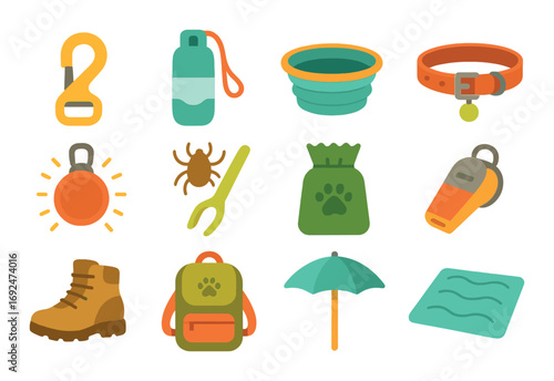 Pet care silhouette icon set. featuring leash, bottle, bowl, collar, light, tick, spoon, food, whistle.