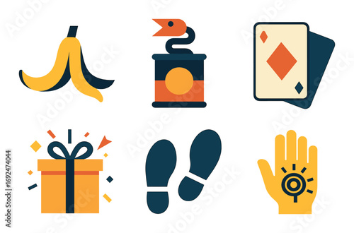 Prank and play flat icon set. featuring banana peel, fake snake, playing cards, gift box, footsteps, surprise hand.