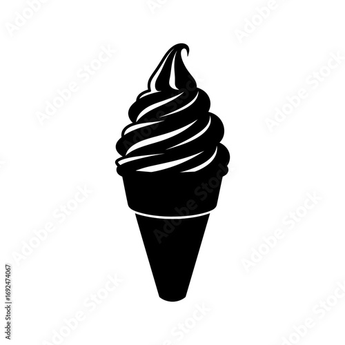 Isolated black and white illustration of a soft serve ice cream cone with a swirl design on a white background silhouette