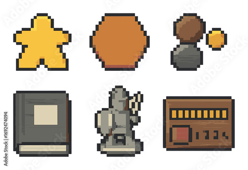 Board game flat icon set. featuring game piece, hex tile, resource token, rulebook, trophy, scoreboard.