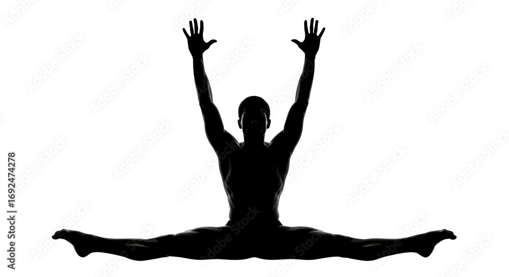 Fototapeta premium Silhouette of a man in a split with arms raised against a white background in a dramatic pose