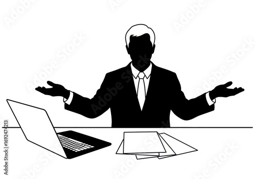 Silhouette of businessman at desk with laptop and papers gesturing with open hands in confusion or uncertainty