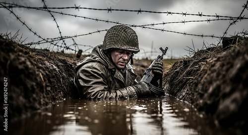Soldier in muddy trench with weapon
