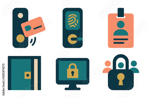 Security access flat icon set. featuring card reader, fingerprint scanner, id badge, door, monitor, and lock symbols.