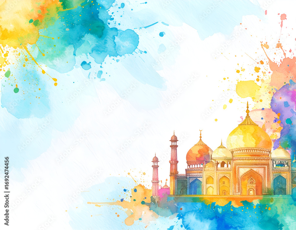 Obraz premium Vibrant Watercolor Painting of Golden Palace with Colorful Splashes