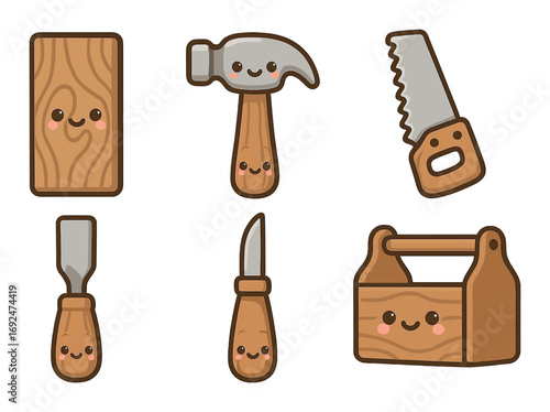 Woodworking cartoon icon set. featuring wood plank, hammer, saw, chisel, knife, and tool box.