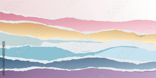 Overlapping torn paper edges in different pastel colors, creating a layered background with depth and abstract texture.