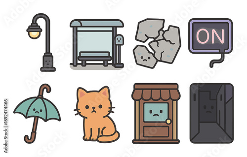 Sad and moody flat icon set. featuring lamp, bus stop, rock, neon sign, umbrella, cat, store, hallway symbols.
