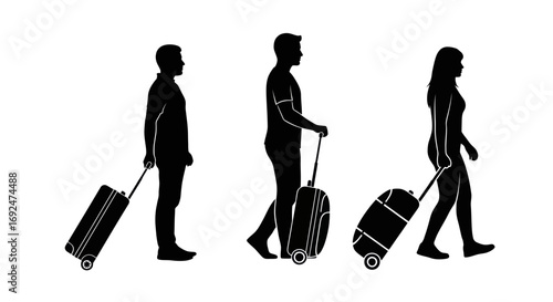 Silhouettes of three people pulling luggage with wheels in a side view on a white background image