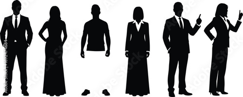 Vector business silhouettes of diverse confident men and women in formal and casual attire standing with different poses and expressions.