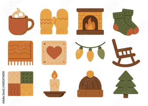 Winter cozy flat icon set. featuring hot chocolate, mittens, fireplace, socks, blanket, heart, lights, rocking chair, quilt, candle, hat, tree.