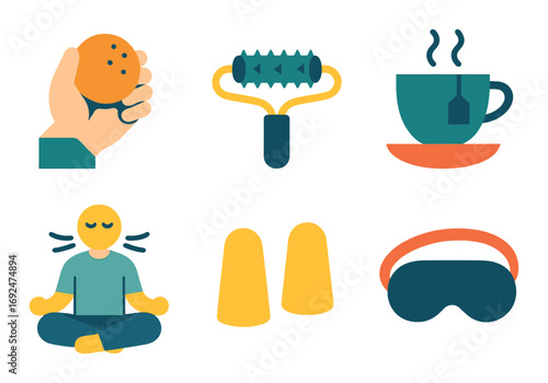 Stress relief flat icon set. featuring stress ball, massage roller, tea, meditation, candle, eye mask.