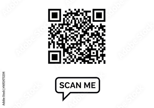 Qr code image with a speech bubble that says scan me in black and white simple vector graphic design silhouette