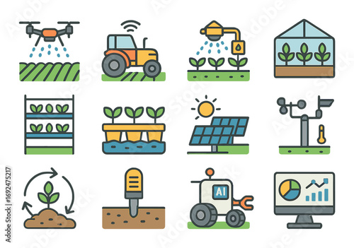 Agriculture technology flat icon set. featuring drone, tractor, irrigation, greenhouse, vertical farm, solar panel, weather station.