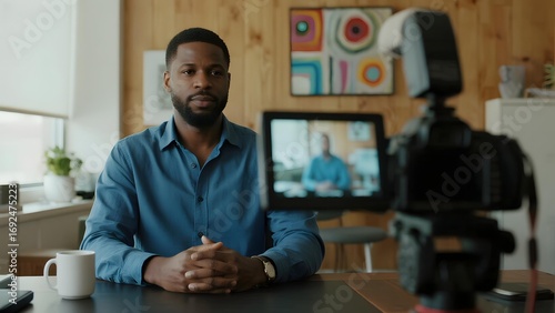 Man recording a video call in a modern home office setup