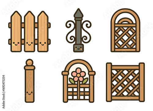 Garden fence flat icon set. featuring wooden, metal, picket, gate, post, and lattice designs.