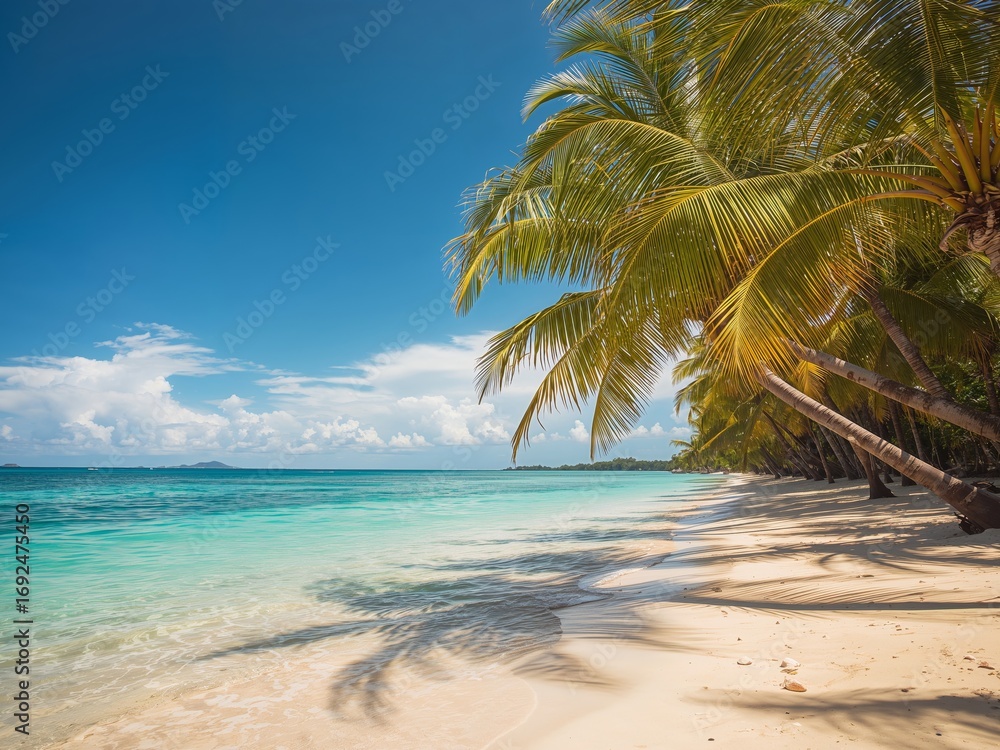 Fototapeta premium Serene Shoreline. A Blend of Turquoise Waters, Golden Sand, and Lush Greenery.