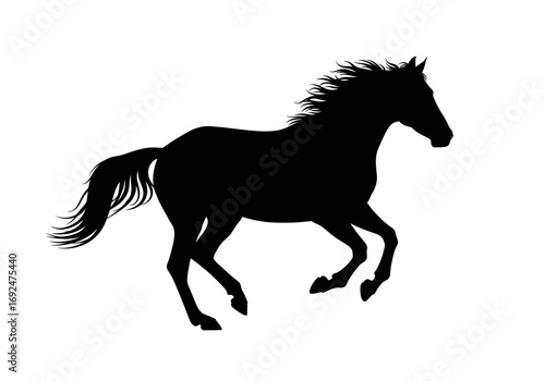 Silhouette of a horse in full gallop with flowing mane and tail against a white background plain image