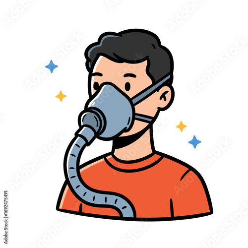 Young man wearing an oxygen mask and breathing through tubing  