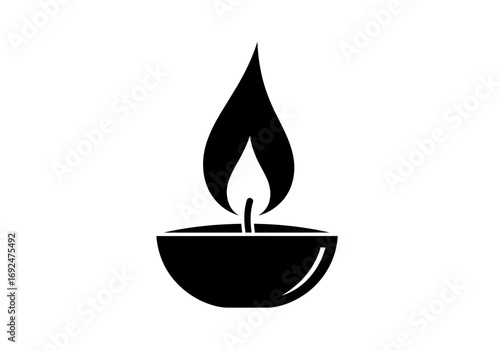 Illustration of a black candle with a flame in a small bowl on a white background design element silhouette