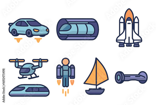 Futuristic transport silhouette icon set. featuring car, hyperloop, rocket, drone, jetpack, sailboat, and hoverboard.
