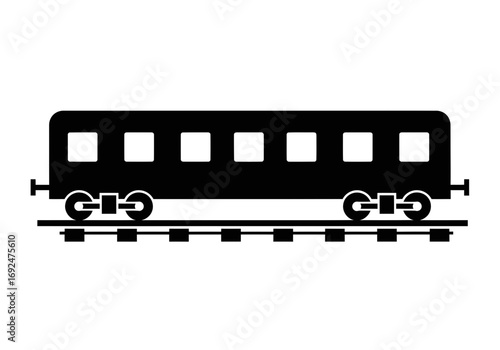 A black silhouette of a train car with windows on a rail track with railroad ties in a simple design