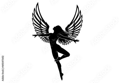 Silhouette of a woman with wings outstretched in a dynamic pose against a white background showing freedom