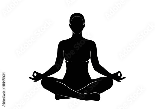 Silhouette of a woman in lotus position meditating with hands in mudra pose on a white background