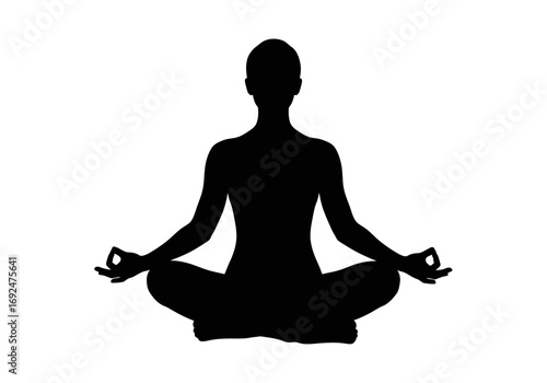 Silhouette of a person meditating in lotus position with hands in mudra against a white background