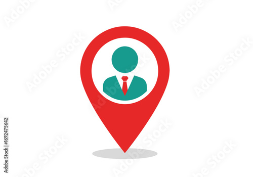 Red map pin with teal person icon wearing a red tie indicating location of a professional contact silhouette