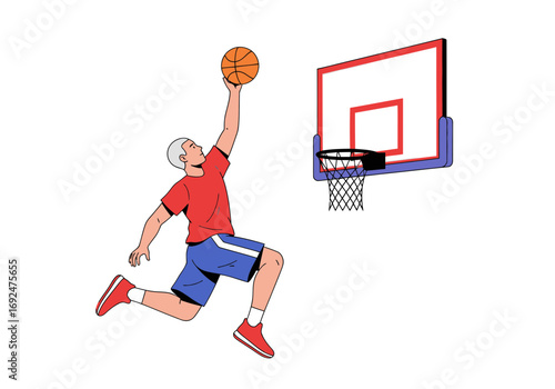 A man in red shirt and blue shorts jumps with a basketball toward the hoop for a slam dunk attempt silhouette