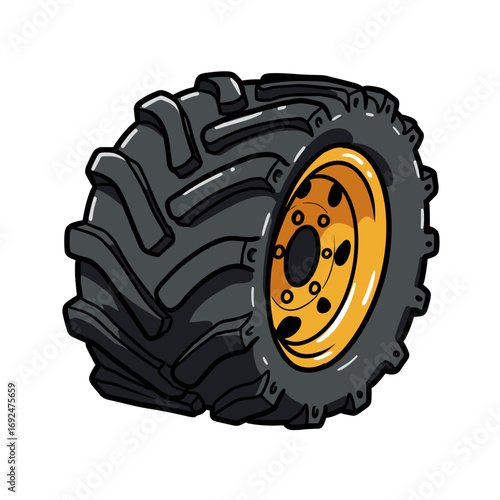 Heavy tractor tire with rugged tread in black and yellow colors  