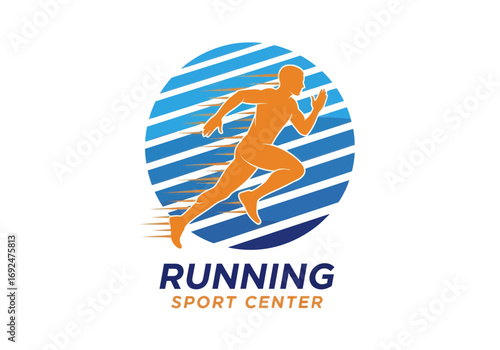 Orange silhouette of a running man against a blue striped circle for a running sport center logo design