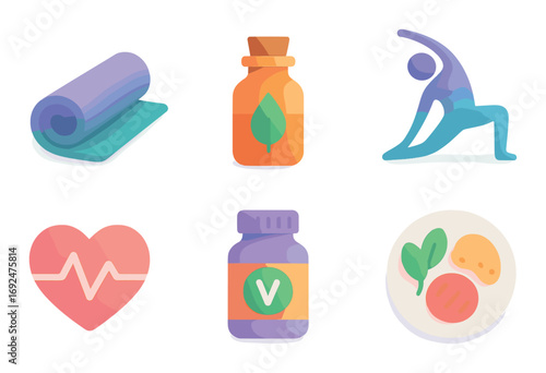 Wellness silhouette icon set. featuring yoga mat, herbal bottle, meditation pose, heart rate, vitamins, plant-based diet.