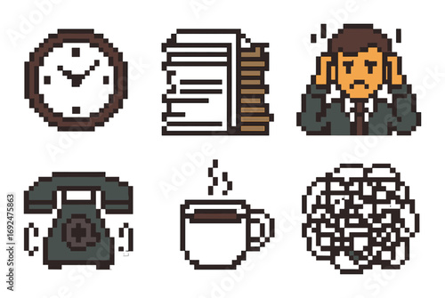 Retro pixel art linear icon set. featuring clock, documents, stressed person, telephone, coffee, tangled wires.