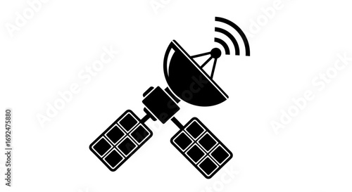 Illustration of a satellite with solar panels and antenna sending signals in black and white color silhouette