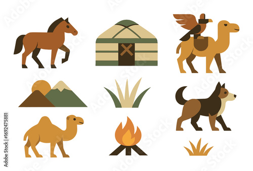 Nomadic life flat icon set. featuring horse, camel, yurt, mountain, grass, fire, and dog symbols.
