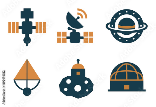 Space exploration silhouette icon set. featuring satellite, radar, ufo, sailboat, robot, and observatory symbols.