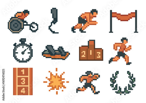 Sports pixel icon set. featuring basketball, fencing, sprinting, hurdles, stopwatch, luge, podium, running, track, sun, victory wreath.