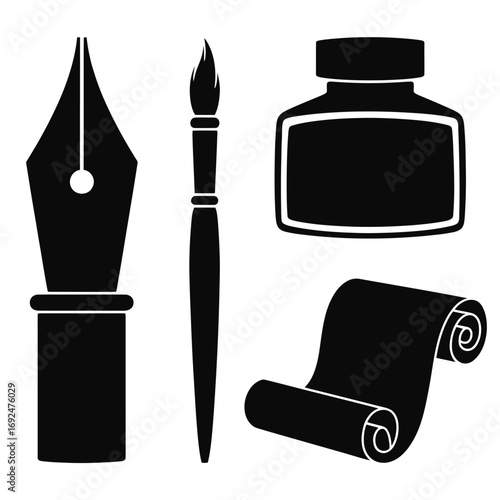 Classic writing instruments and scroll silhouettes for artistic and literary projects silhouette vector illustration white background