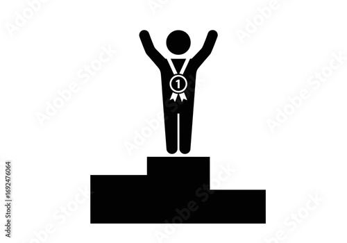 Stick figure celebrating victory on a podium with a medal representing first place achievement silhouette