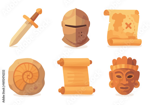 Historical adventure flat icon set. featuring sword, helmet, map, fossil, scroll, and mask icons.