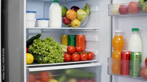 Full refrigerator with assorted fruits, vegetables, and beverages 